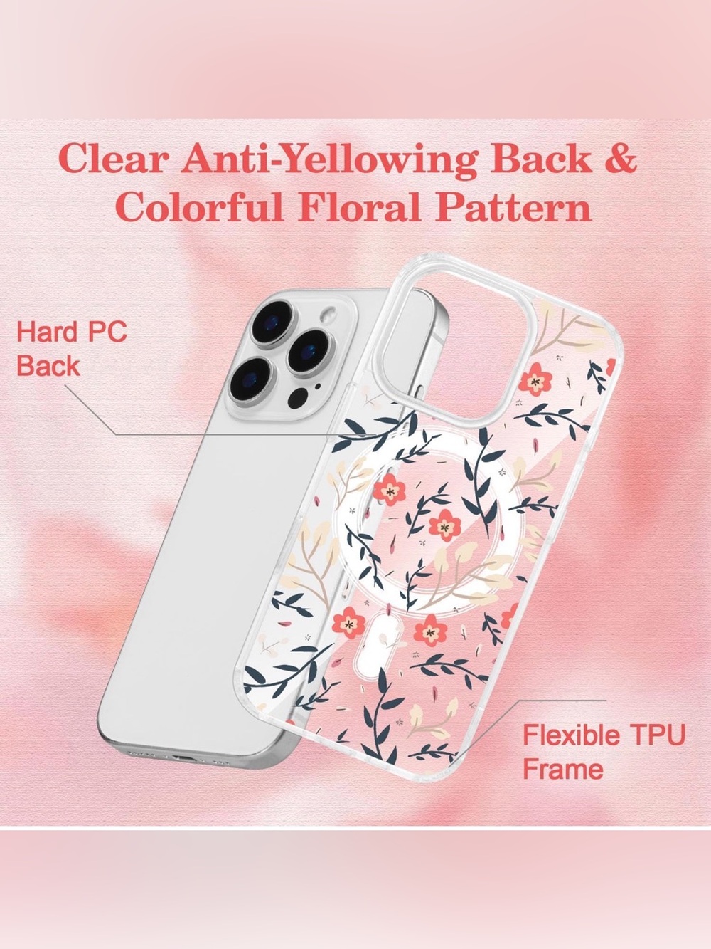 Floral Clear Phone Case for iPhone 16 pro with Pink Floral Pattern